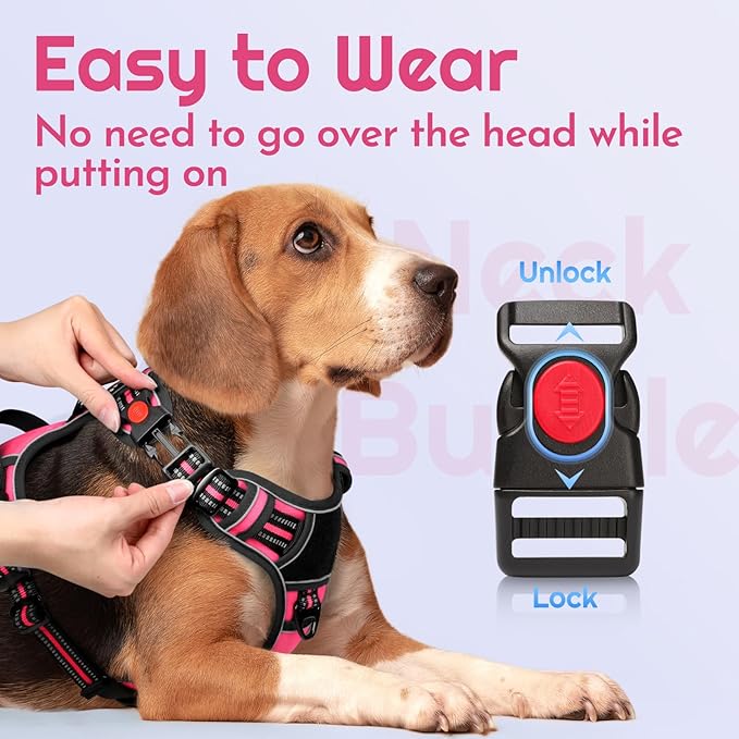 Eagloo Dog Harness Medium Sized, Easy Wearing with 3 Buckles, Adjustable No Pull Pet Harness with 2 Rings for Walking, No Chock Reflective Soft Padded Vest with Control Handle, Pink & Black, M