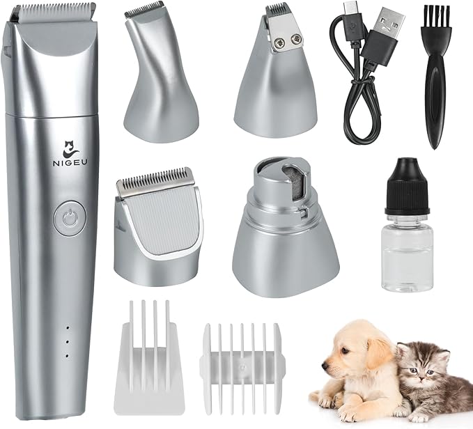 Dog Clippers Grooming Kit Hair Clippers with Nail Grinder Set 4 in 1, Cordless Electric Trimmer- Low Noise Paw Trimmer-USB Rechargeable Quiet Nail Grinder Shaver for Cats and Other Pets （Sliver）