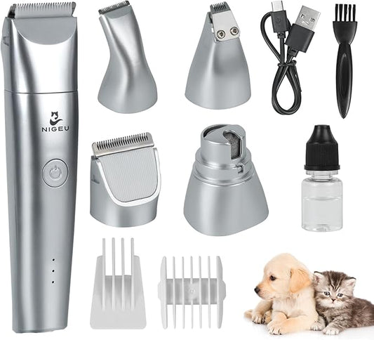 Dog Clippers Grooming Kit Hair Clippers with Nail Grinder Set 4 in 1, Cordless Electric Trimmer- Low Noise Paw Trimmer-USB Rechargeable Quiet Nail Grinder Shaver for Cats and Other Pets （Sliver）