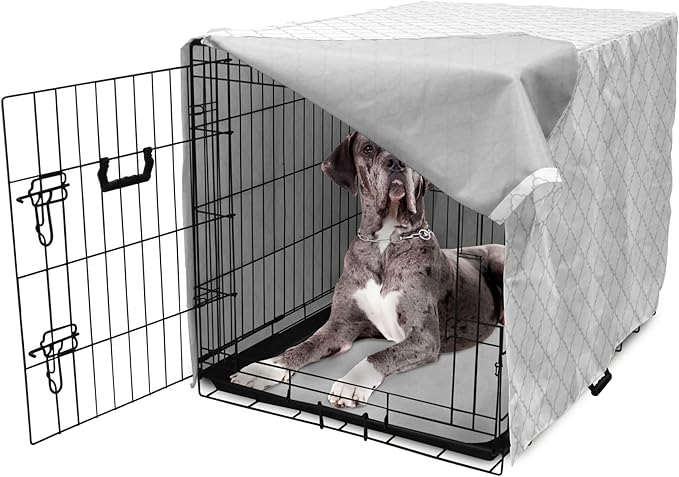 Lunarable Grey Dog Crate Cover, Moroccan Traditional Trellis Pattern Simple Geometric Monochrome Tile, Easy to Use Pet Kennel Cover for Medium Large Dogs, 48 Inch, White Grey