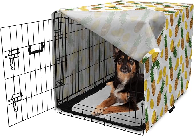 Lunarable Pineapple Dog Crate Cover, Sliced in Half Ananas Exotic Fruit Rhythmic Retro Look Print, Easy to Use Pet Kennel Cover for Medium Large Dogs, 36 Inch, Mustard Fern Green