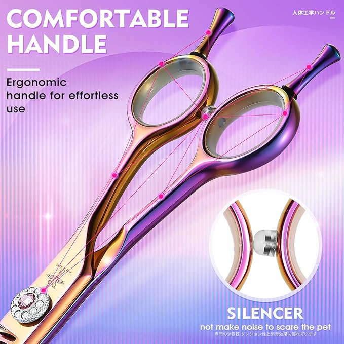 PURPLEBIRD Curved Shears Dog Grooming Chunkers, 7 inch Professional Thinning Scissors Safety Blunt Tip Trimming Scissors for Dogs Cats Face Paws Limbs Japanese Stainless Steel (Multicolor)