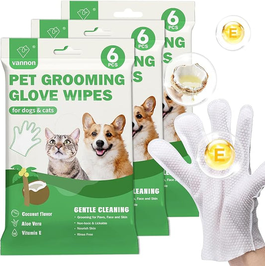 Vannon Extra Thick Pet Bathing Wipes for Dogs & Cats, Cleaning & Odor-Controlling Grooming Gloves, Nourish Fur Glove Wipes for Daily Care and Traveling, Rinse Free, Coconut Scent, 3 Pack, 18 PCS