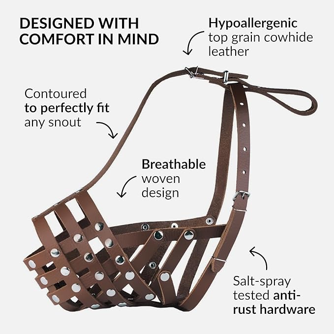 CollarDirect Pitbull Dog Muzzle Leather Amstaff Muzzles Staffordshire Terrier Secure Basket (Brown)