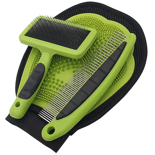 Dog Grooming Brush Kit Pet Comb Metal Pet Comb Pet Glove (Green）