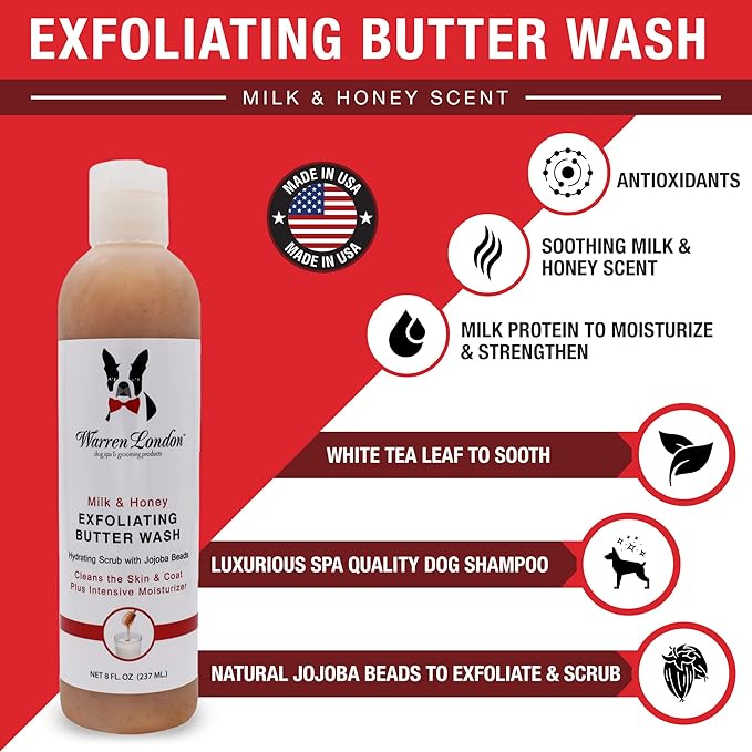 Warren London Exfoliating Butter Wash Dog Shampoo- Conditions & Scrubs Away Dandruff Made USA- Milk & Honey 8oz