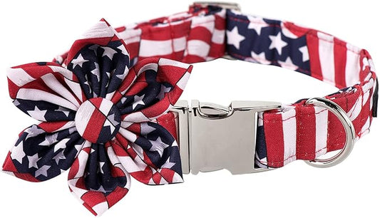 Lionet Paws Patriotic Female Dog Collar with Flower, 4th of July, Soft and Comfortable Adjustable American Flag Collar for Dogs, Medium, Neck 13.5-22 inches