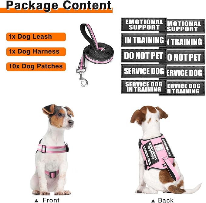 Service Dog Harness and Leash Set, Training Dog Vest with 10 Dog Patches, Emotional Support Therapy Dog Vest Harness for Small Medium Large and Extra Large Dogs(Pink, M)