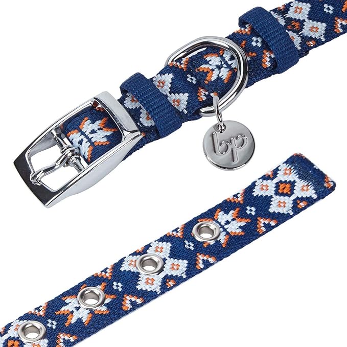 Blueberry Pet 3 Patterns Southwestern Modern Tribal Print Navy Braided Adjustable Dog Collar with Metal Buckle, Neck 13-16.5", for Medium Breed