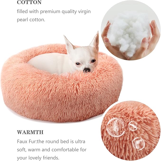 Dog Beds for Small Dogs 19 inches Anxiety and Calming Pink Dog Beds Washable Fluffy and Plush Cute Puppy Beds for Small Dogs Girl Fits up to 15 lbs Pets Beds for Small Dog.