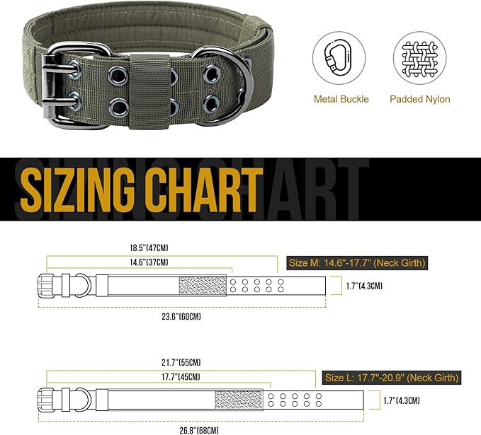 OneTigris Military Adjustable Dog Collar with Metal D Ring & Buckle 2 Sizes (Ranger Green, L)