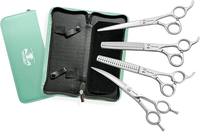 Dog Cat Scissors for Grooming, Pet Shears for Thick Coats and Matted Hair, Thinner Curved Straight Chunker Stainless Steel Shears