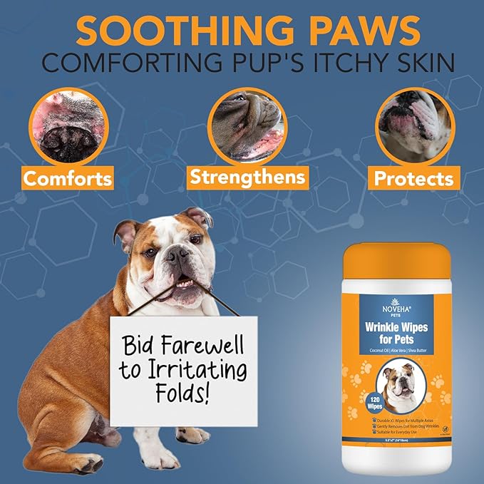NOVEHA 5”x7” Large Dog Wipes | Wipes for Bulldog, French Bulldog, Pug, English Bulldog | Deodorizing, for Multiple Areas Removes Dirt, Wrinkles, Folds, Tear Stain, Tail Pockets & Paws (120 Counts)