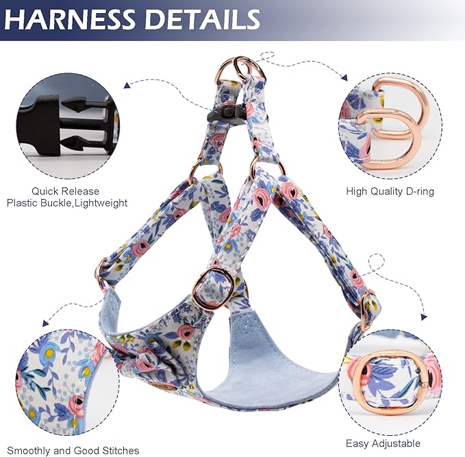 No Pull Small Dog Harness and Leash Set, Soft Adjustable Floral Puppy Dog Harness Vest for Extra Small-Medium Pet Dogs and Cat, Blue Flower, Medium