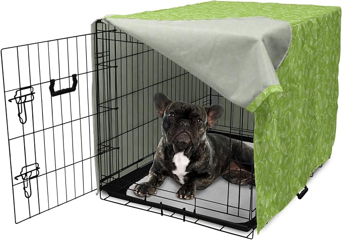 Ambesonne Floral Dog Crate Cover, Vintage Inspired Simplistic Outline Flowers Nature Botany Art Repetition, Easy to Use Pet Kennel Cover for Cats & Medium Dogs, 24 Inch, Lime Green and White