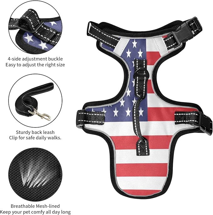 American Flag Dog/Cat Harness,Adjustable Soft Padded Pet Dog Vest-Reflective No-Choke Pet Harness Easy Control Front Clip for Small, Medium, Large Dog/Cat