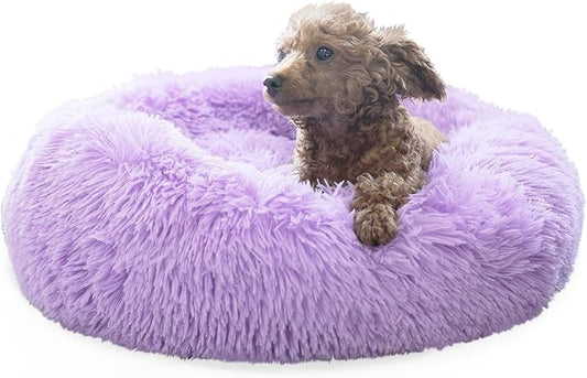 Purple Dog Bed for Small Dogs 19 Inch Donut Cuddler Plush Cat Calming Bed with Machine Washable, Non-Slip Fluffy Dog & Cat Calming Cushion Bed for Joint-Relief and Sleep Improvement