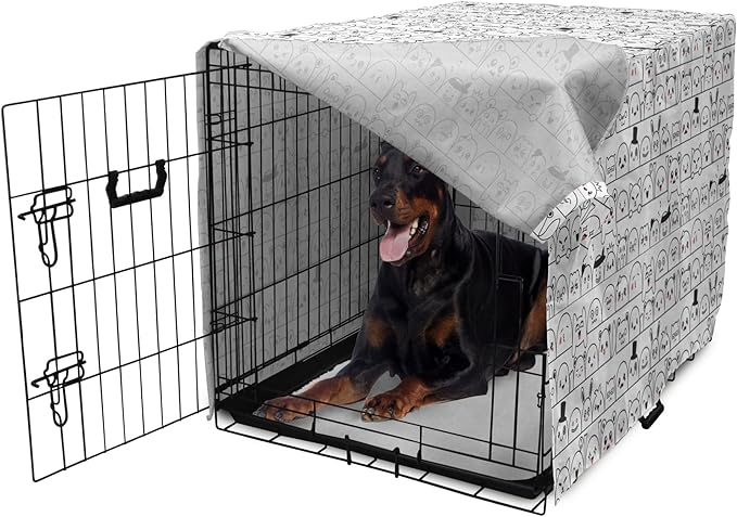 Lunarable Cartoon Dog Crate Cover, Funny Creatures and Monsters Doodle Faces in Manga Style Emotions, Easy to Use Pet Kennel Cover for Medium Large Dogs, 42 Inch, Charcoal Grey Coral White
