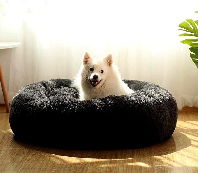 Dog Beds for Medium Dogs Washable Calming Bed for Dogs 30 Inches Black Fluffy and Soft Dog Bed Calm and Anti Anxiety Faux Fur Round Medium Sized Pet Bed for Dog