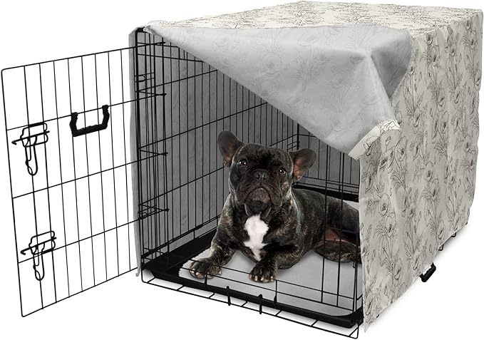 Ambesonne Botanical Dog Crate Cover, Floral Theme Poppy Flowers and Buds Pattern Doodle Style Garden Leaf Motifs, Easy to Use Pet Kennel Cover for Cats & Medium Dogs, 24 Inch, Dark Brown White