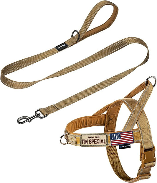 Annchwool No Pull Dog Harness with Padded Handle+5 Ft Leash,Reflective Strip Escape Proof and Quick Fit to Adjust Dog Harness,Easy for Training Walking for Small & Medium and Large Dog(Brown-Set,L)