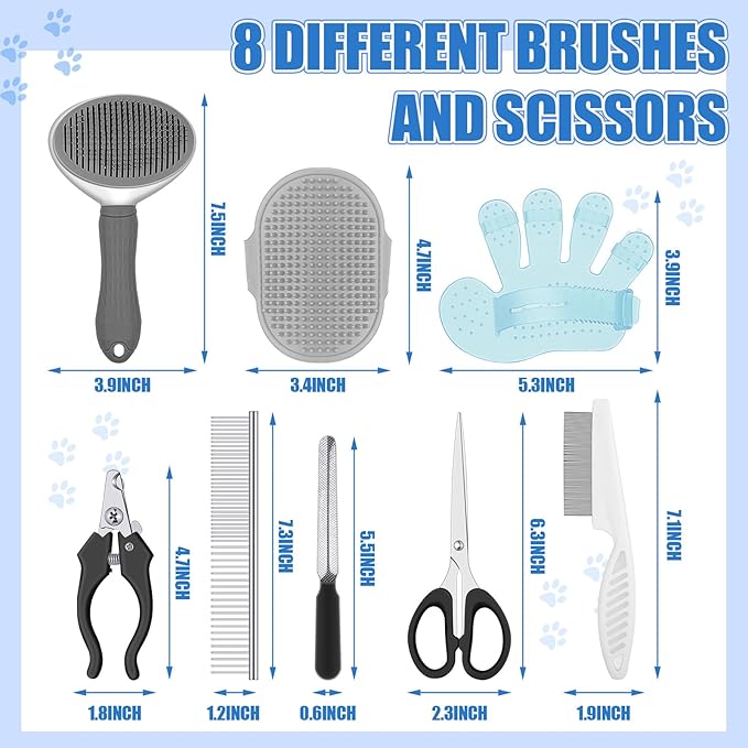 Yaomiao 9 Pcs Pet Grooming Kit - Self Cleaning Slicker Brush, Shedding Comb, Nail Clippers, File, Scissors with Adjustable Strap for Dogs and Cats