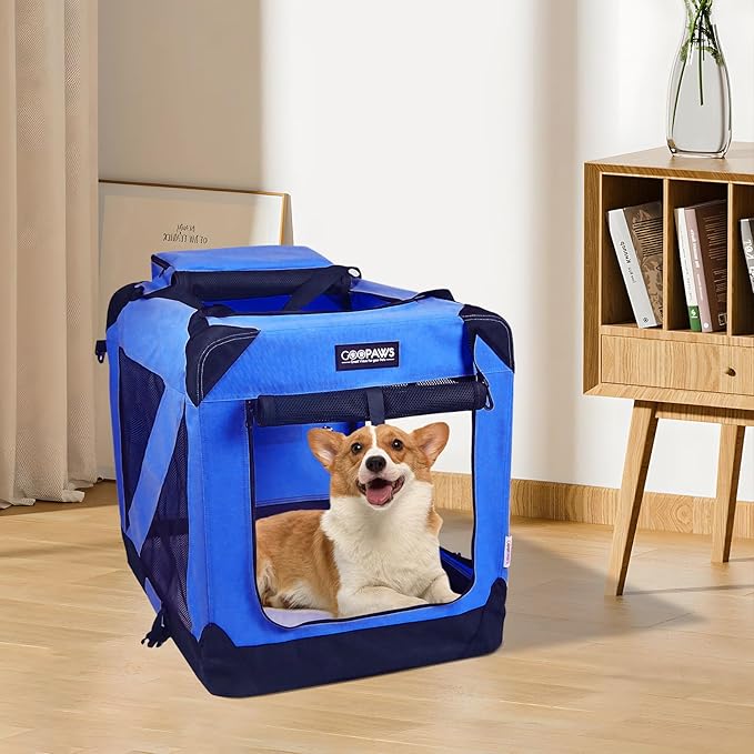 JESPET 30'' Soft Pet Crates Kennel, 3 Door Soft Sided Folding Travel Pet Carrier with Straps and Fleece Mat for Dogs, Cats, Indoor/Outdoor Use with Black