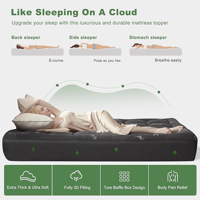 BEDLORE California King Mattress Topper Viscose Derived from Bamboo, Thick Pillow Top Mattress Pad with Stretchable Pockets for 6"-18" Mattress, Soft Mattress Topper for Back Pain Relief(Dark Gray)