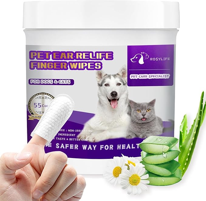 PET Ear Cleaner Finger Wipes, Ear Finger Wipes, Ear Cleaning Finger Wipes for Dogs & Cats, Gently Removes Dirt & Odor, Dissolves Wax Build-Up, Easy to Use, Natural Ingredients - 55 Count
