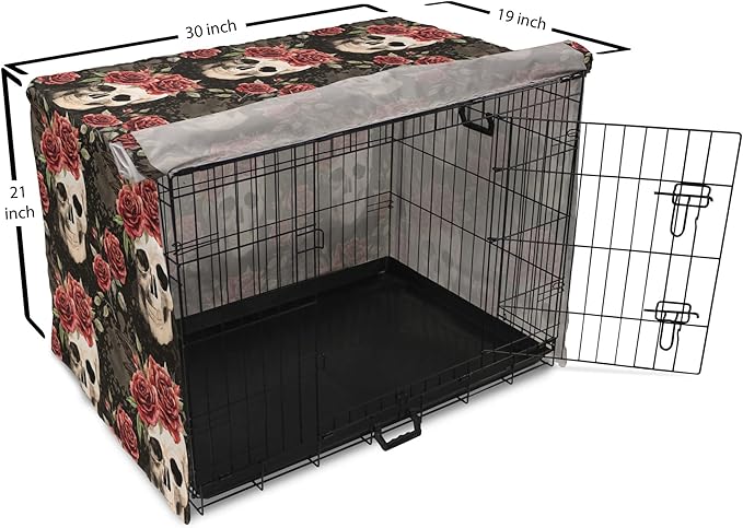 Lunarable Halloween Dog Crate Cover, Mexican Sugar Skull Rose Bouquets Spooky Traditional Humour Culture, Easy to Use Pet Kennel Cover for Cats & Medium Dogs, 30 Inch, Black Grey