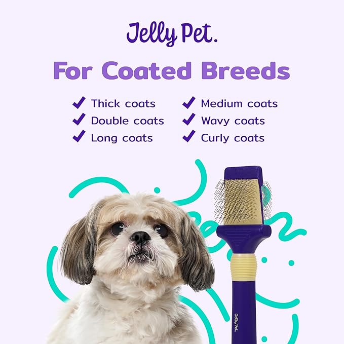 Jelly Pet Double Sided Dog Slicker Brush, Longer Pins, Flexible Head, Fine/Coarse Sides, Removes Unwanted Tangles, Small, Purple