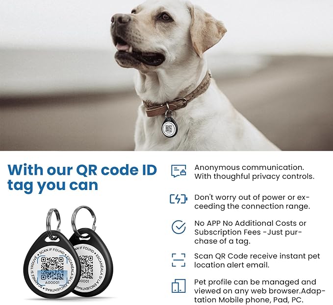 Dog Tags Personalized, QR Code Pet ID Tags for Dog Collar, Online Profile, Scan Location Alerts, Black