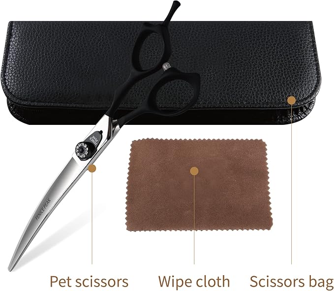 Fenice Peak 7.5'' Professional Curved Dog Grooming Scissors Heavy and Anti-Slip Black Handler 440C Stainless Steel Pet Cutting Shears Safety Trimming Shearing for Dogs Cats