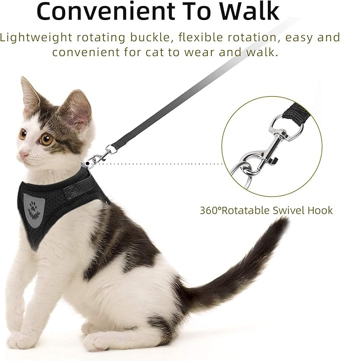 Cat Vest Harness and Small Dog Vest Harness for Walking, All Weather Mesh Harness, Cat Vest Harness with Reflective Strap, Step in Adjustable Harness for Small Cats (Black, S)