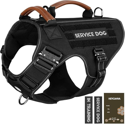 Service Dog Vest - HEYCAHVA Tactical Dog Harness Full Metal Buckles Dog Vest for Large Medium Dog Reflective No Pull Dog Harnesses Vest with Leather Handle, Hook & Loop for Hiking Training (Black, L)