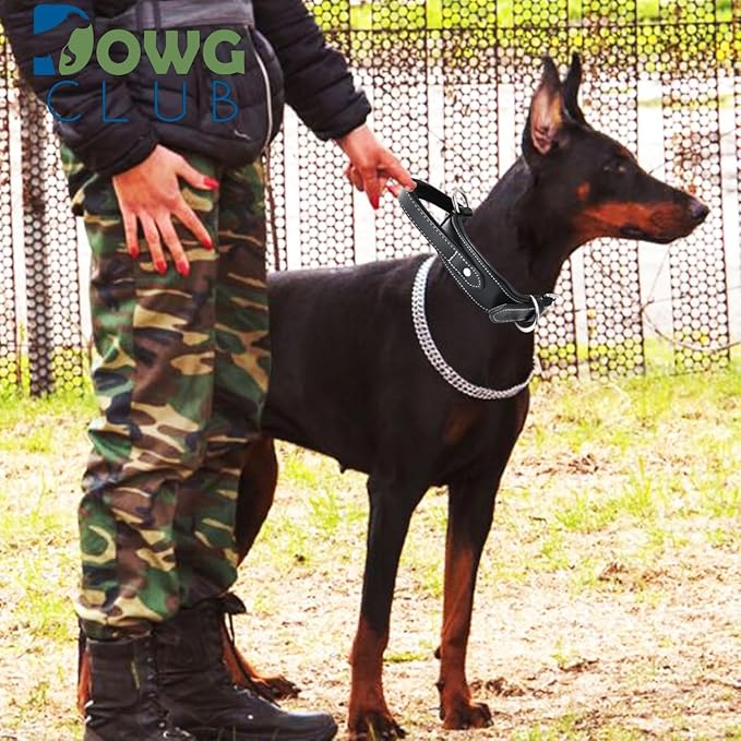 Leather Dog Collar with Handle, 2 Inch Wide Saddle Grade Black Leather Dog Collar for Large Dogs | Heavy Duty, Comfortable, Inner Soft Padded, Strong | (L (Fit Neck Size 18.5"-22.5"), Black)