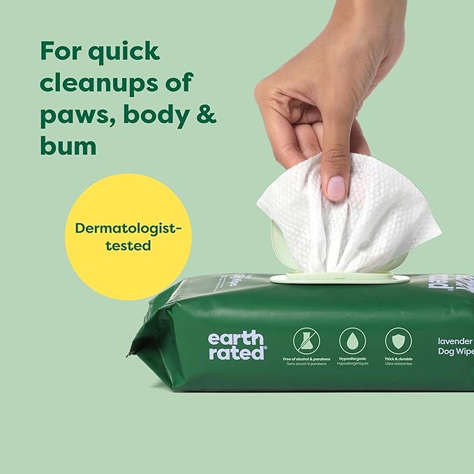 Earth Rated Dog Grooming Wipes, Hypoallergenic, Cleaning and Hydrating, for Paws, Body and Butt, Lavender Scented, 400 Count