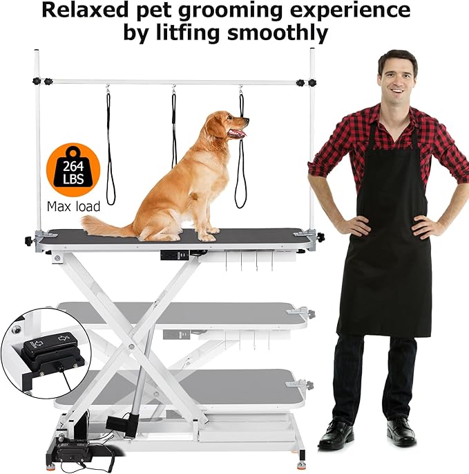 Upgraded Electric Dog Grooming Table - Heavy Duty, Height Adjustable (9.4"-39.4") Pet Grooming Table w/Leveling Wheels, X Lift, Anti Slip Tabletop & Tool Organizer/Dog Grooming Station, 47"/White