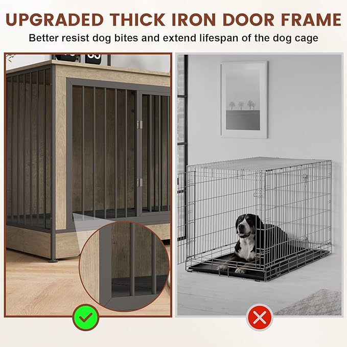 75 Inch Double Dog Crate Furniture for 2 Large Dogs with 2 Trays and Divider, 3-in-1 Grey Large Double Dog Kennel TV Stand with Adjustable Feet