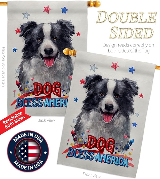 Breeze Decor Patriotic Border Collie House Flag Pack Dog Puppy Spoiled Paw Canine Fur Pet Nature Farm Animal Creature Embroidery Banner Small Garden Yard Gift Double-Sided, Made in USA
