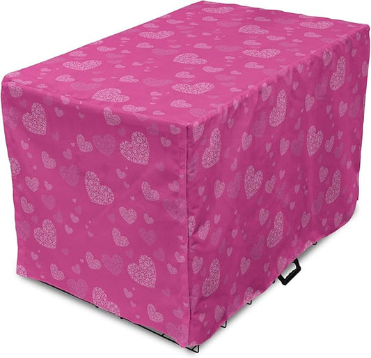 Lunarable Love Dog Crate Cover, Romantic Theme Abstract Heart Shapes Valentines Day 14th February Design, Easy to Use Pet Kennel Cover for Cats & Medium Dogs, 30 Inch, Hot Pink