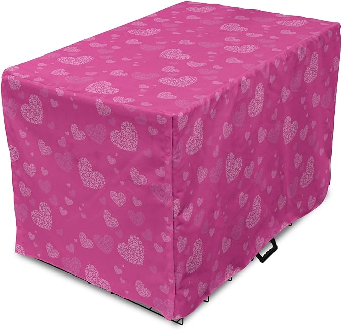 Lunarable Love Dog Crate Cover, Romantic Theme Abstract Heart Shapes Valentines Day 14th February Design, Easy to Use Pet Kennel Cover for Medium Large Dogs, 48 Inch, Hot Pink