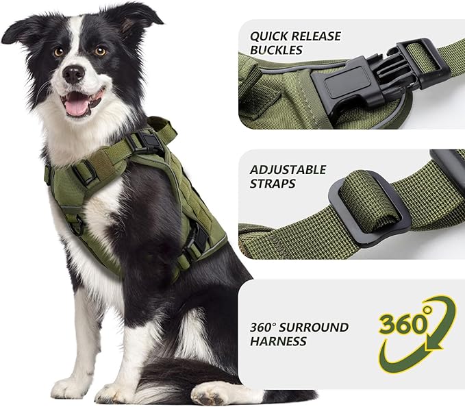 WINGOIN Green Harness with Handle Tactical Dog Harness Vest for Large Medium Dogs No Pull Adjustable Reflective K9 Military Dog Vest Harnesses for Walking, Hiking, Training(M)