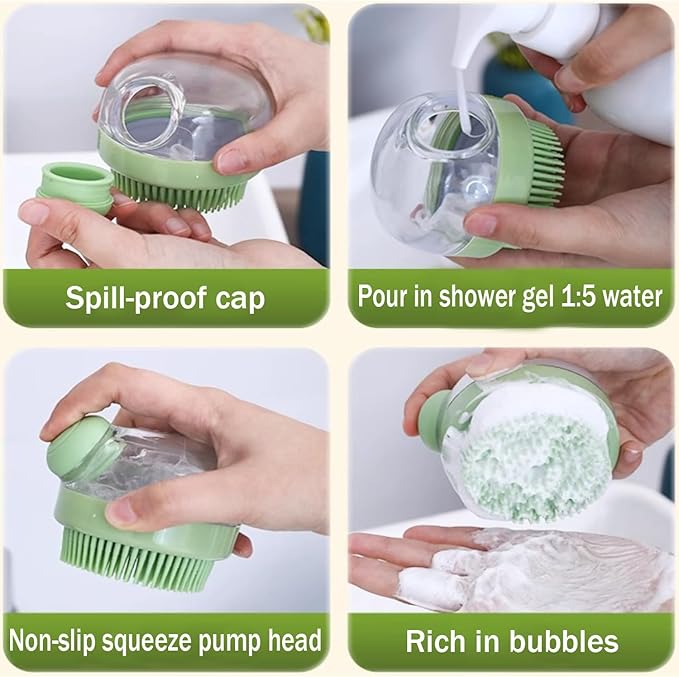 Dog Bath Scrubber Brush Pet Dog Grooming Massage Shampoo Bath Brush with Soap and Shampoo Dispenser Soft Silicone Bristle for Long Short Haired Dogs Cats Shower (PINK)