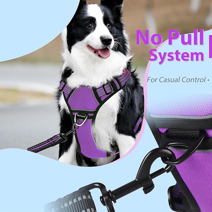 Dog Harness,No Pull Pet Harness Adjustable Reflective Pet Harness Easy Control Handle for Small to Large Dogs Soft Padded Puppy Vest (Purple, Medium)