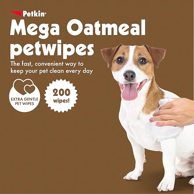Petkin Mega PetWipes, 200 Wipes - Oatmeal Pet Wipes for Dogs and Cats, Use on Face, Paws, Ears, Body and Eye Area - Ideal for Home or Travel