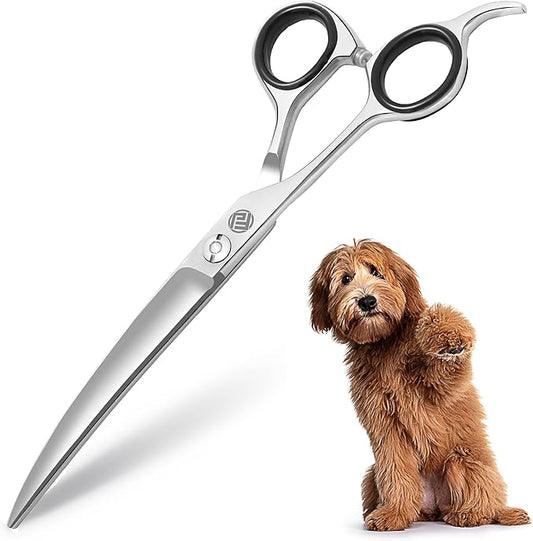Professional Dog Grooming Scissors/Shears, Curved, for Dogs, Cats & Pets (Right Handed, Stainless Steel 7.5 Inch)