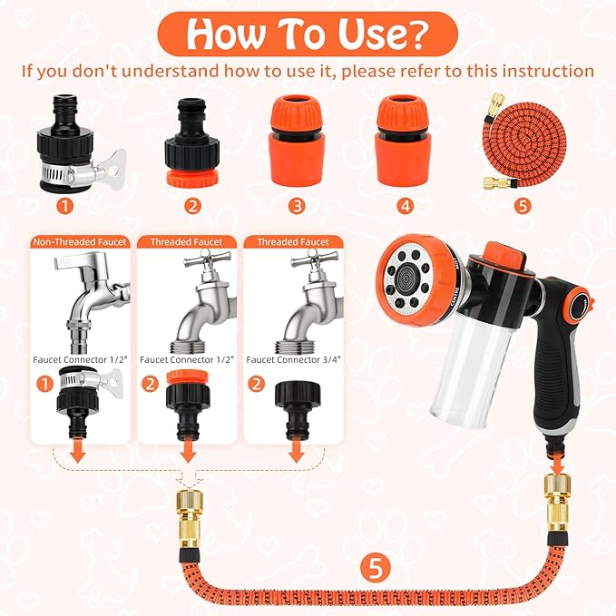 Rypet Dog Wash 8 Pieces Pet Bathing Tool Set Includes Expandable Hose Nozzle Foam Sprayer Connector Dog Rubber Brush for Bathing Dog, Horse or Other Pet