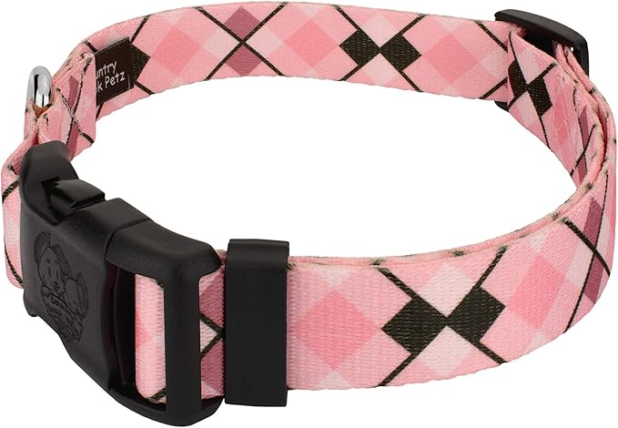 Country Brook Petz - Deluxe Pink and Brown Argyle Dog Collar - Made in The U.S.A. - Plaid and Argyle Collection Featuring Charming Designs (1 Inch, Extra Large)