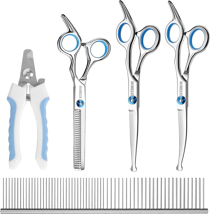 Professional Dog Grooming Scissors with Safety Round Tips, 5 in 1 Dog Grooming Scissors Kit, 4CR Stainless Steel Professional Pet Grooming Shears for Dogs/Cats, Sharp and Durable, Blue